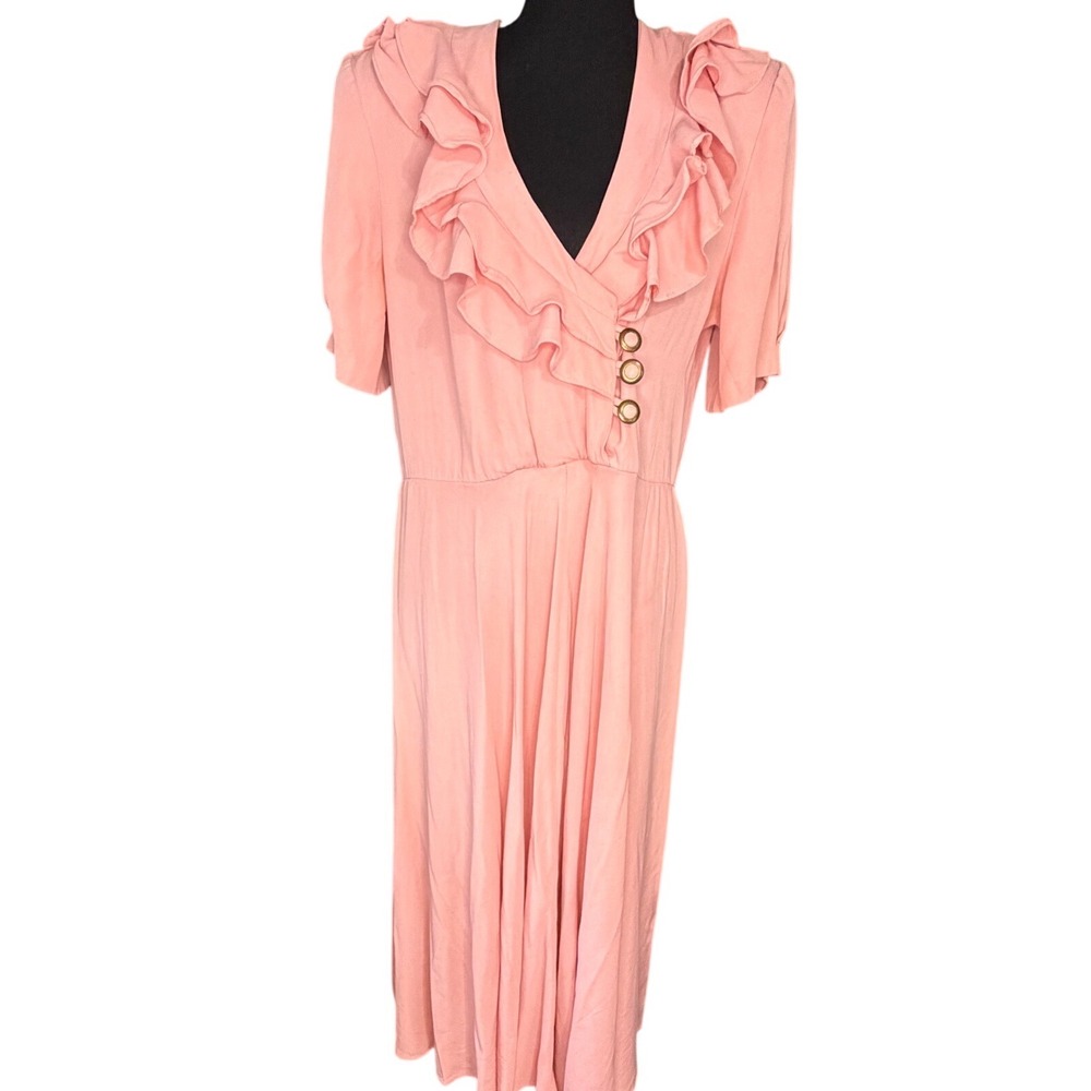 VTG Betsy's Things Pink Ruffle Dress Romantic Cottagecore Midi Dress USA 9/10